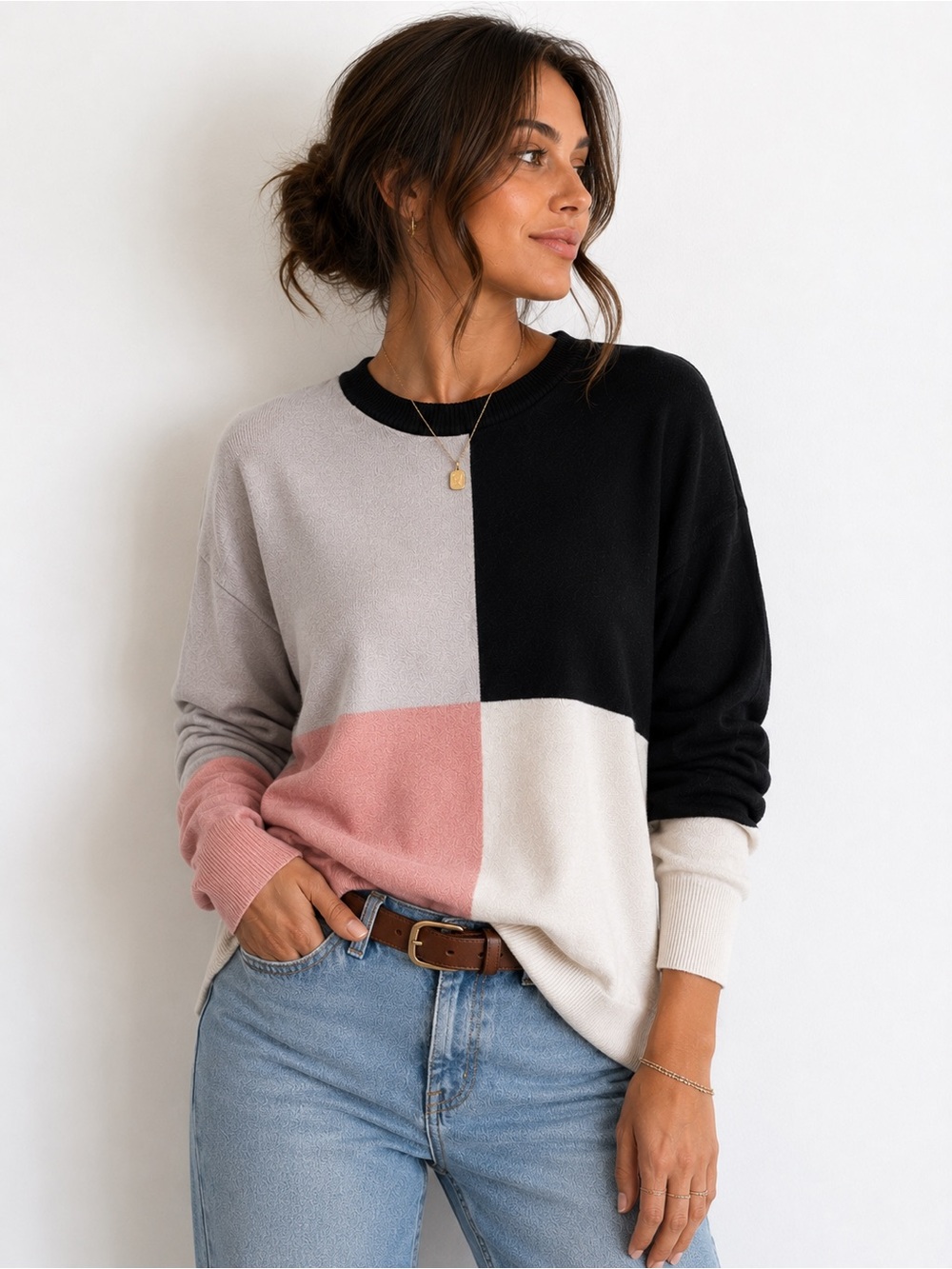 White Birch Colorblock Knit Sweater Medium Pink Gray Black